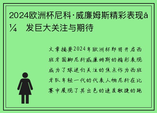 2024欧洲杯尼科·威廉姆斯精彩表现引发巨大关注与期待